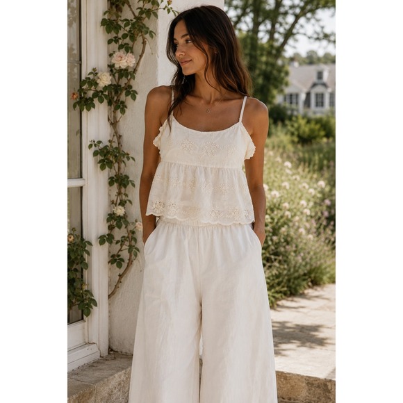 And Now This Tops - And Now This Ivory Embroidered Peplum Cami Top Square Neck Scalloped Hem Large